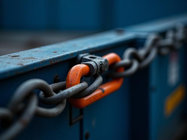 Close-up of industrial chains and binders securing cargo
