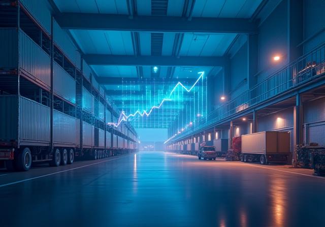 Strategic data overlaying a modern Virginia distribution center at dawn