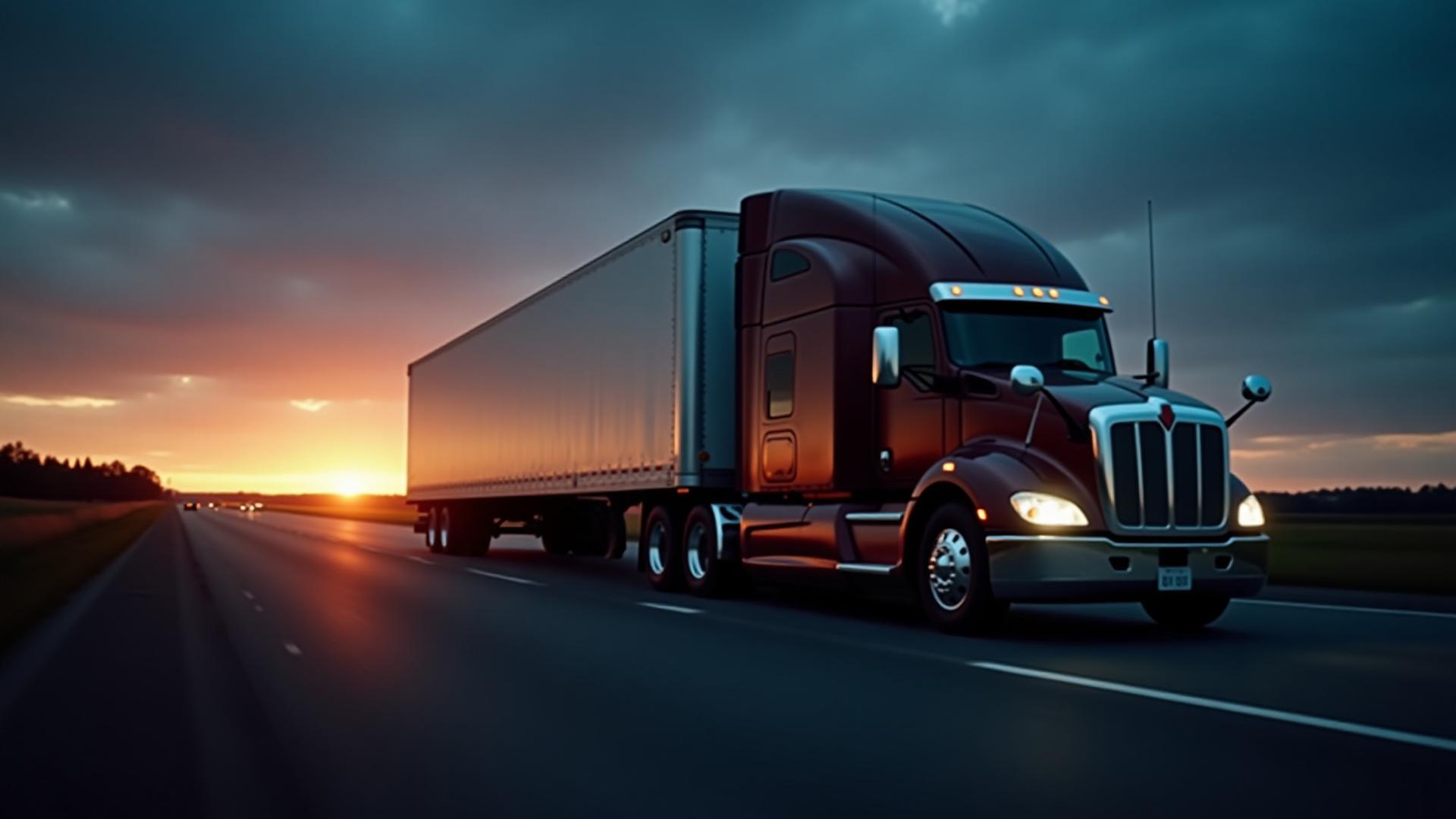 Tajdok Hauling semi-truck driving through a sunrise on a Virginia interstate